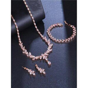 Rose Gold Bridal Jewelry Set 3Pc Rose Gold Rhinestone Necklace Earrings Bracelet